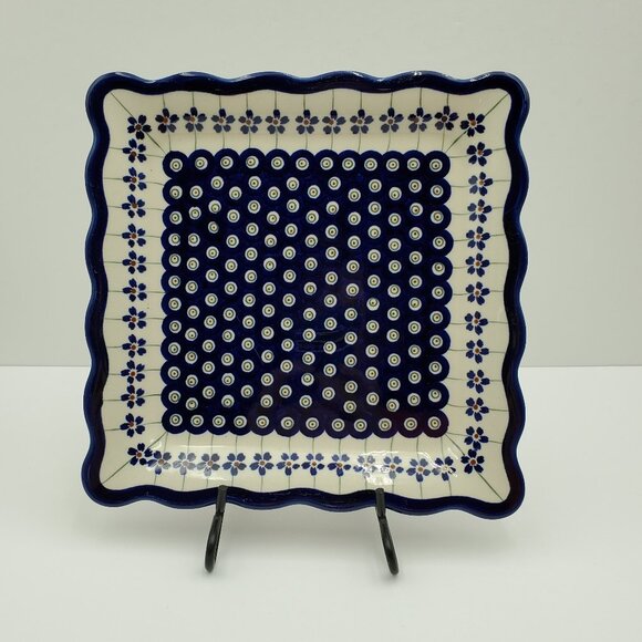 Polish Pottery Flowering Peacock Square Luncheon Plate Blue Floral Peacock Eyes - Picture 1 of 6